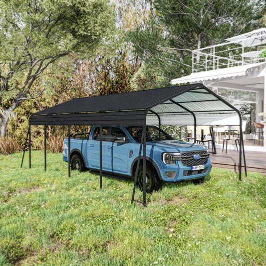 Metal Carport 12×20 Car Port, Outdoor Storage Heavy Duty Metal Canopy Multi-Use Garage Shed for Car and Truck, Carport Kit with Galvanized Steel Roof Building and Frame-海智集-Default-
