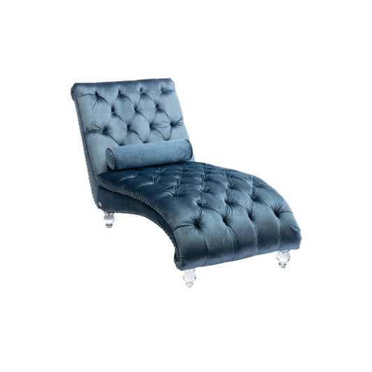 Velvet Chaise Lounge Chair with Pillow, Button-Tufted Upholstered, Light Blue, Solid Wood Frame, Acrylic Legs-海智集-Default-