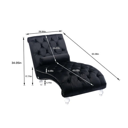 Velvet Chaise Lounge Indoor, Button-Tufted Upholstered Chair with Pillow, Black Velvet, 63.38x28.94x34.05 inches-海智集-Default-