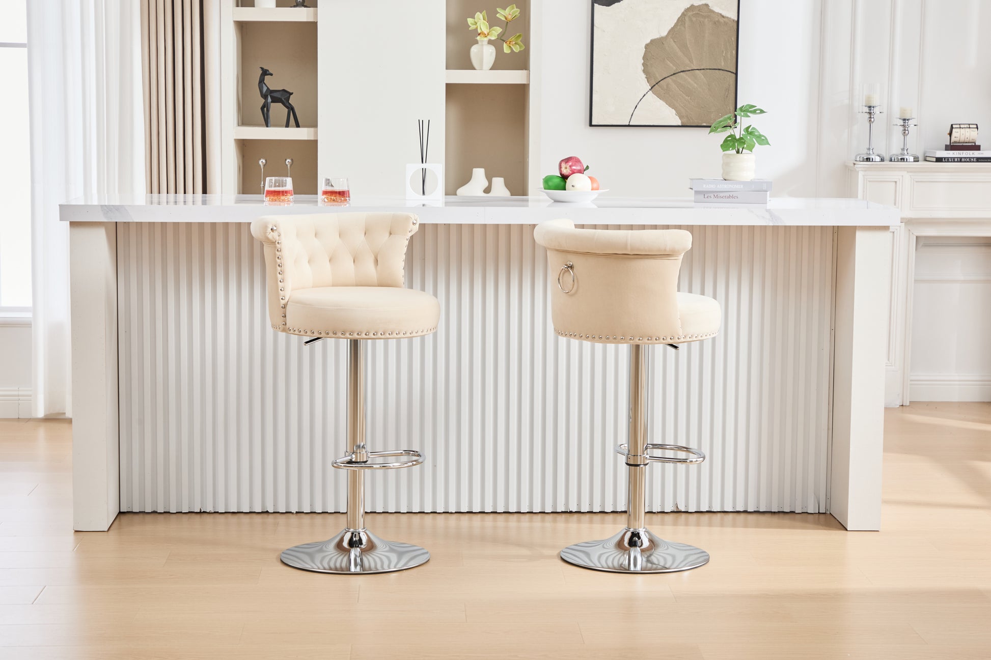 COOLMORE Velvet Bar Stool Set of 2, Adjustable Swivel Bar Stools with Silver Plated Metal Leg, Chrome Nailhead, Counter Height Chair for Kitchen,Dining Room-海智集-Default-