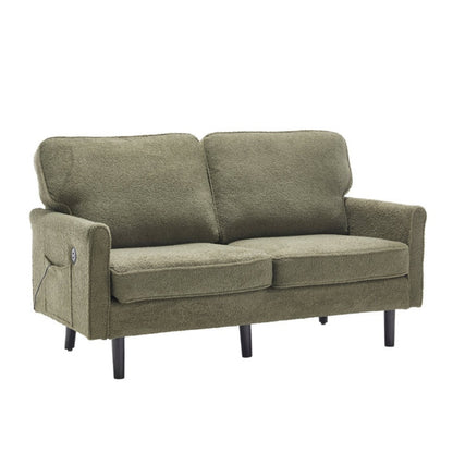 Mid Century Modern Loveseat Sofa with USB Ports, Removable Pillow Cover, Green Boucle Fabric, 56.3 Inches-海智集-Default-