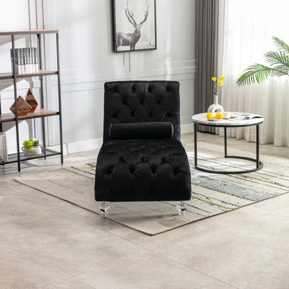 Velvet Chaise Lounge Indoor, Button-Tufted Upholstered Chair with Pillow, Black Velvet, 63.38x28.94x34.05 inches-海智集-Default-