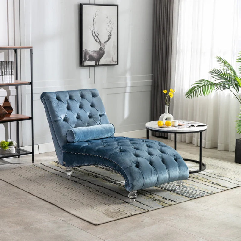 Velvet Chaise Lounge Chair with Pillow, Button-Tufted Upholstered, Light Blue, Solid Wood Frame, Acrylic Legs-海智集-Default-