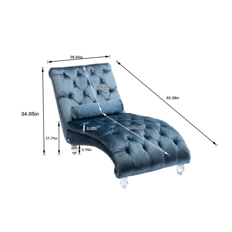 Velvet Chaise Lounge Chair with Pillow, Button-Tufted Upholstered, Light Blue, Solid Wood Frame, Acrylic Legs-海智集-Default-