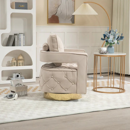 Swivel Accent Chair - Modern Accent Chair with Pillow, Velvet Armchair Side Chair with Tufted Button for Living Room, Bedroom, Office(Beige)-海智集-Default-