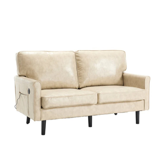 Mid Century Modern Loveseat Sofa, 2 Seater with USB & Removable Pillow Cover, Camel PU, 56.30''-海智集-Default-