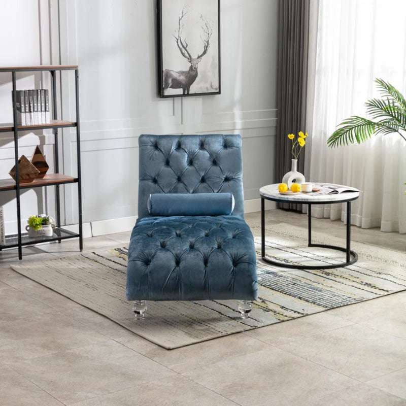 Velvet Chaise Lounge Chair with Pillow, Button-Tufted Upholstered, Light Blue, Solid Wood Frame, Acrylic Legs-海智集-Default-