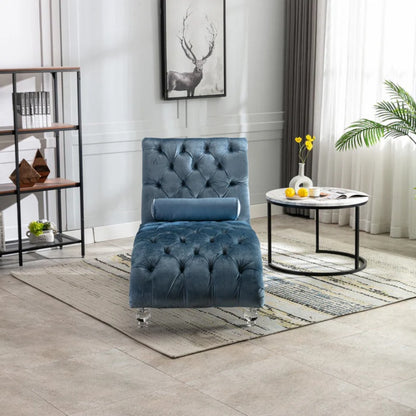 Velvet Chaise Lounge Chair with Pillow, Button-Tufted Upholstered, Light Blue, Solid Wood Frame, Acrylic Legs-海智集-Default-