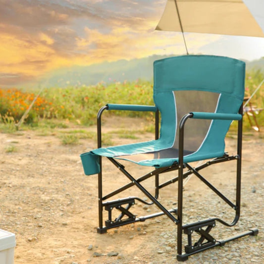 Outdoor Freestyle Rocker Camping Chair Portable Folding Rocking Chair with Solid, Durable Armrests, Drink Holder & Comfortable Backrest -Blue-海智集-Default-