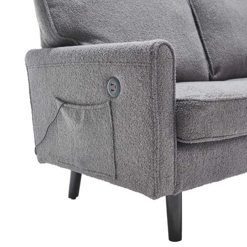 Mid Century Modern Loveseat Sofa, 2 Seater with USB & Removable Pillow Cover, Gray Boucle-海智集-Default-