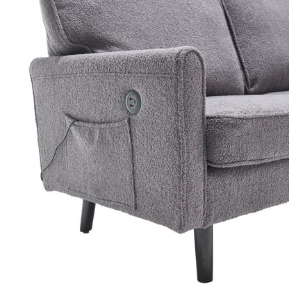 Mid Century Modern Loveseat Sofa, 2 Seater with USB & Removable Pillow Cover, Gray Boucle-海智集-Default-