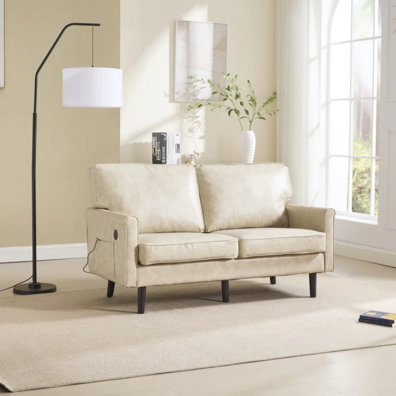 Mid Century Modern Loveseat Sofa, 2 Seater with USB & Removable Pillow Cover, Camel PU, 56.30''-海智集-Default-
