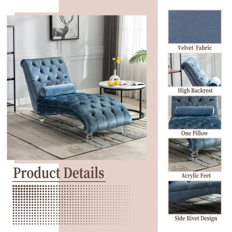 Velvet Chaise Lounge Chair with Pillow, Button-Tufted Upholstered, Light Blue, Solid Wood Frame, Acrylic Legs-海智集-Default-