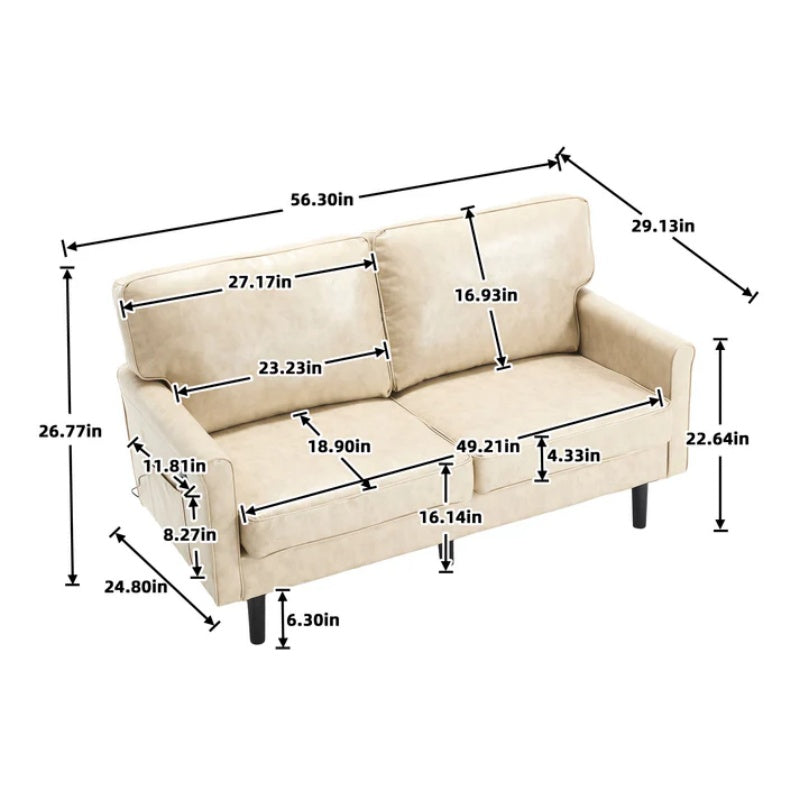 Mid Century Modern Loveseat Sofa, 2 Seater with USB & Removable Pillow Cover, Camel PU, 56.30''-海智集-Default-