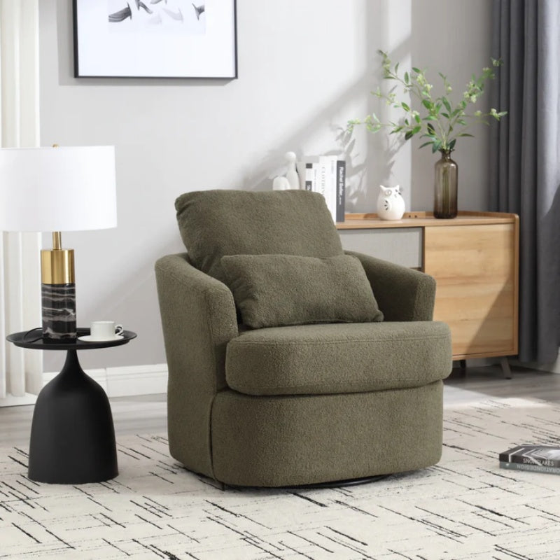 Modern Swivel Barrel Chair, Comfy Round Accent Sofa Chair, 360 Degree Swivel, Green Teddy Fabric, 32.68' x 30.31' x 24.80'-海智集-Default-