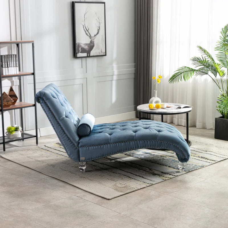 Velvet Chaise Lounge Chair with Pillow, Button-Tufted Upholstered, Light Blue, Solid Wood Frame, Acrylic Legs-海智集-Default-