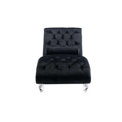Velvet Chaise Lounge Indoor, Button-Tufted Upholstered Chair with Pillow, Black Velvet, 63.38x28.94x34.05 inches-海智集-Default-