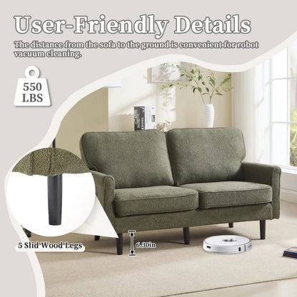 Mid Century Modern Loveseat Sofa with USB Ports, Removable Pillow Cover, Green Boucle Fabric, 56.3 Inches-海智集-Default-