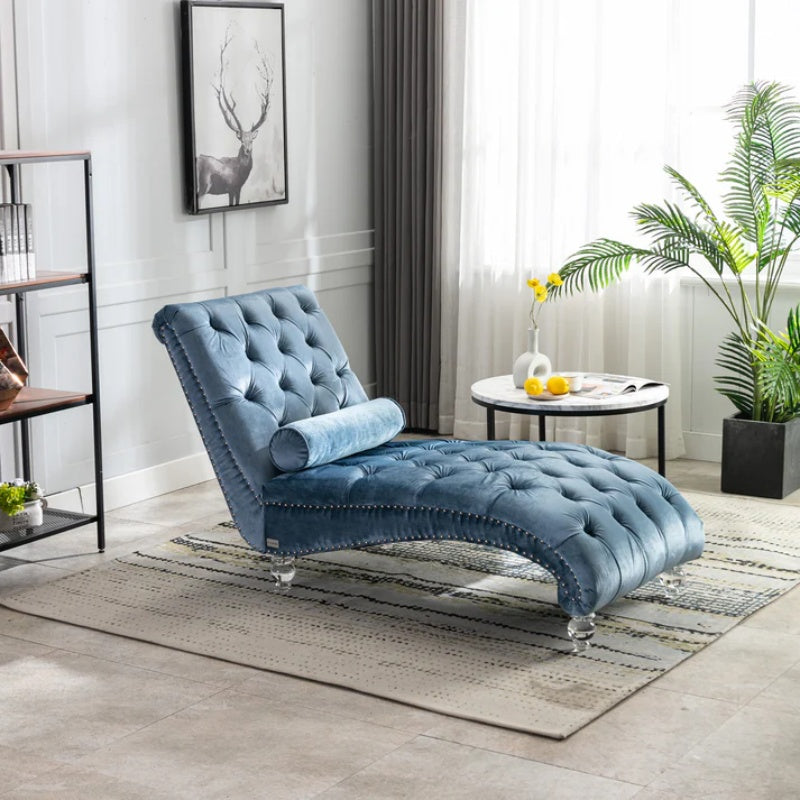 Velvet Chaise Lounge Chair with Pillow, Button-Tufted Upholstered, Light Blue, Solid Wood Frame, Acrylic Legs-海智集-Default-