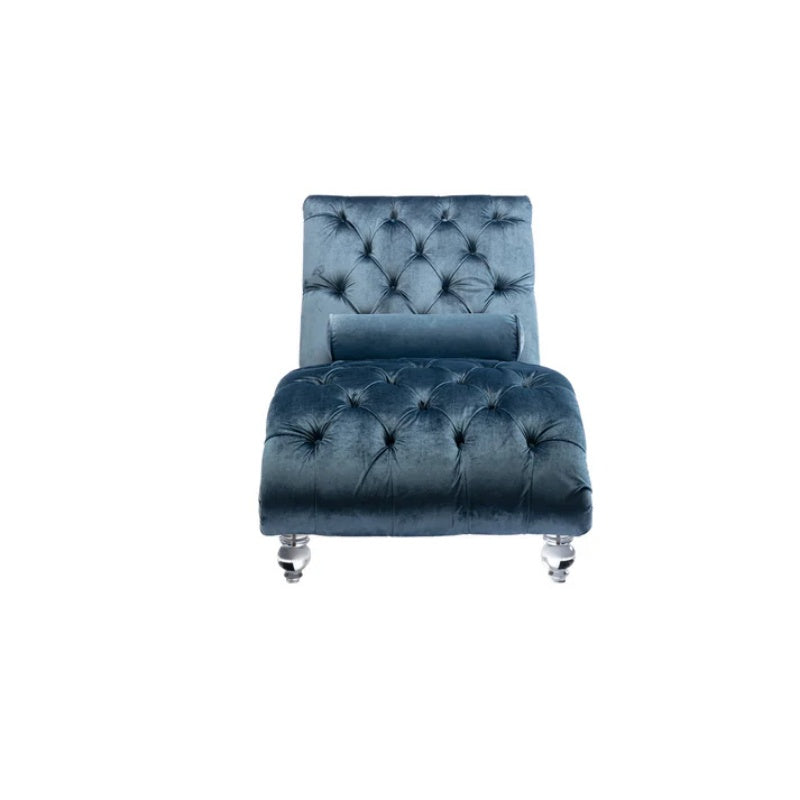 Velvet Chaise Lounge Chair with Pillow, Button-Tufted Upholstered, Light Blue, Solid Wood Frame, Acrylic Legs-海智集-Default-