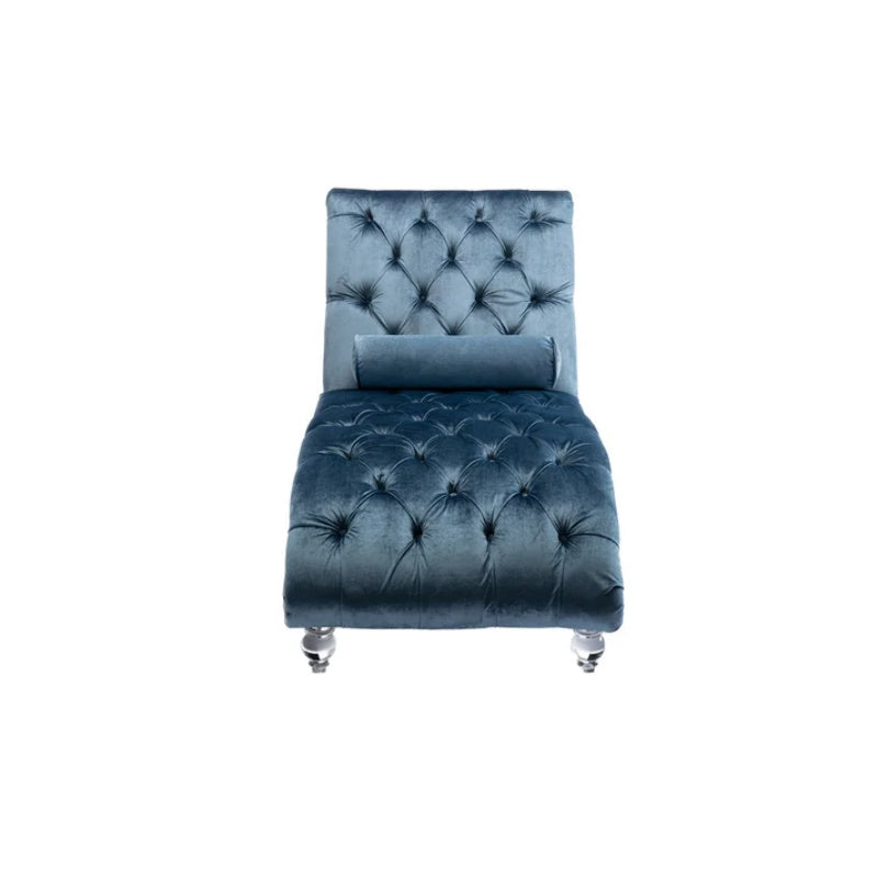 Velvet Chaise Lounge Chair with Pillow, Button-Tufted Upholstered, Light Blue, Solid Wood Frame, Acrylic Legs-海智集-Default-