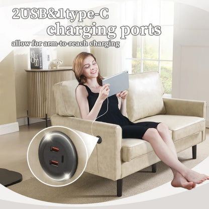 Mid Century Modern Loveseat Sofa, 2 Seater with USB & Removable Pillow Cover, Camel PU, 56.30''-海智集-Default-