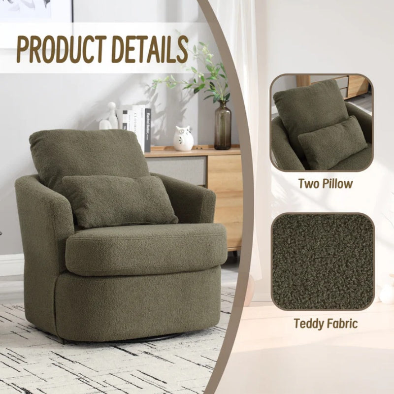 Modern Swivel Barrel Chair, Comfy Round Accent Sofa Chair, 360 Degree Swivel, Green Teddy Fabric, 32.68' x 30.31' x 24.80'-海智集-Default-