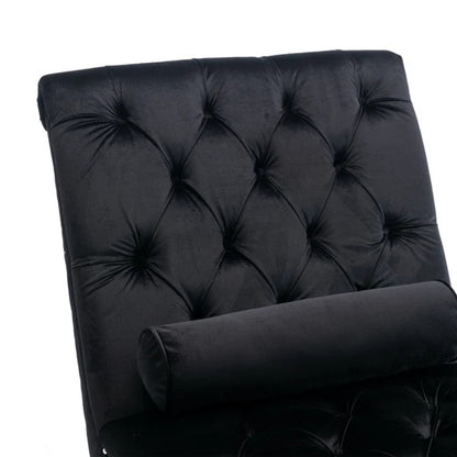 Velvet Chaise Lounge Indoor, Button-Tufted Upholstered Chair with Pillow, Black Velvet, 63.38x28.94x34.05 inches-海智集-Default-