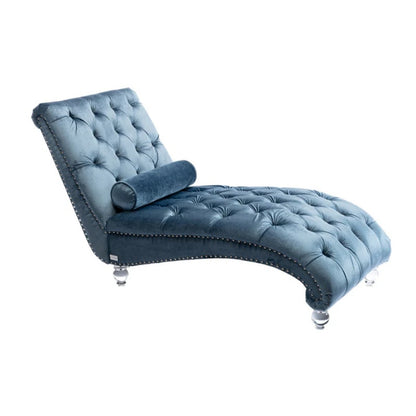 Velvet Chaise Lounge Chair with Pillow, Button-Tufted Upholstered, Light Blue, Solid Wood Frame, Acrylic Legs-海智集-Default-