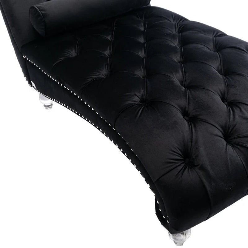 Velvet Chaise Lounge Indoor, Button-Tufted Upholstered Chair with Pillow, Black Velvet, 63.38x28.94x34.05 inches-海智集-Default-