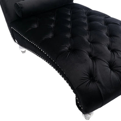 Velvet Chaise Lounge Indoor, Button-Tufted Upholstered Chair with Pillow, Black Velvet, 63.38x28.94x34.05 inches-海智集-Default-