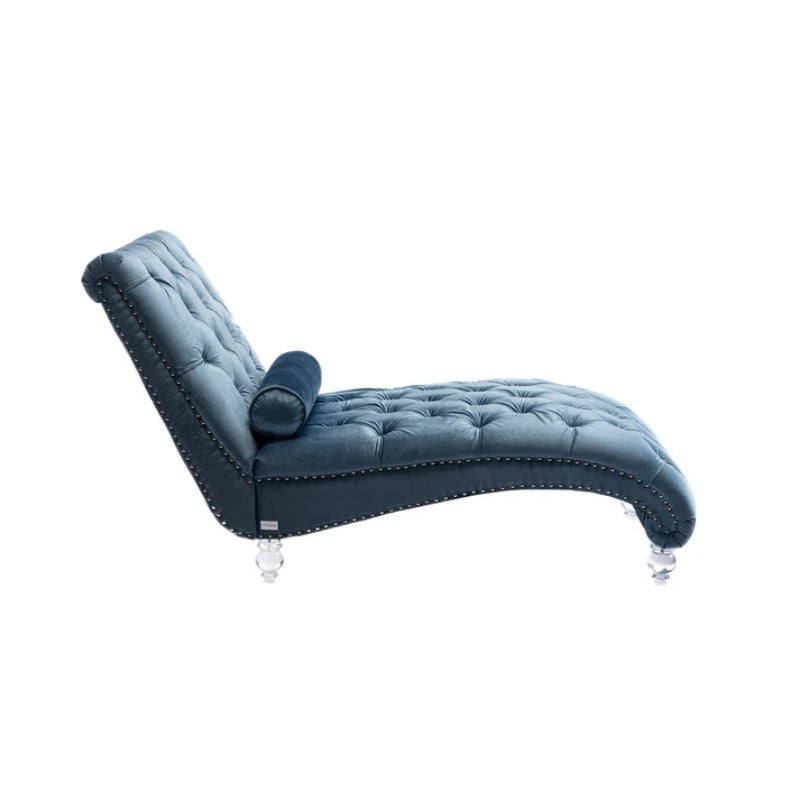 Velvet Chaise Lounge Chair with Pillow, Button-Tufted Upholstered, Light Blue, Solid Wood Frame, Acrylic Legs-海智集-Default-