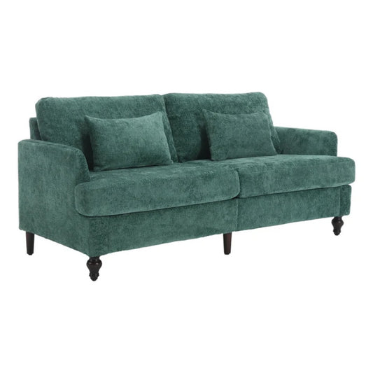 Mid Century Modern Chenille Fabric Loveseat Sofa, 2-Seat Upholstered Couch with Brown Wood Feet, Emerald-海智集-Default-