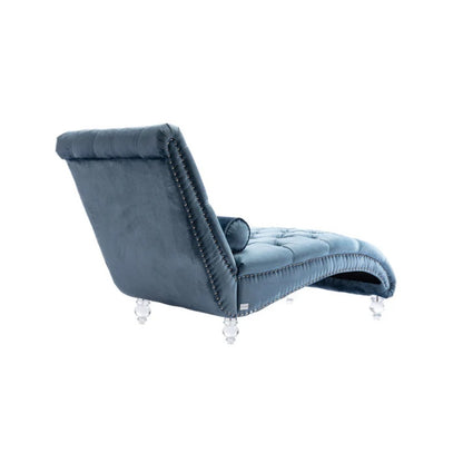Velvet Chaise Lounge Chair with Pillow, Button-Tufted Upholstered, Light Blue, Solid Wood Frame, Acrylic Legs-海智集-Default-
