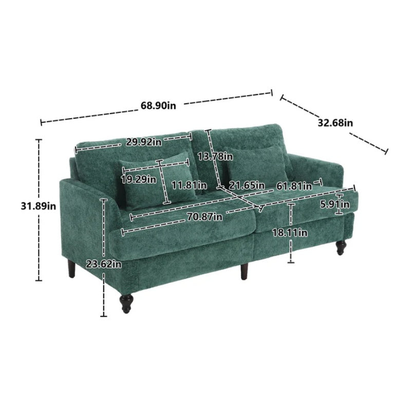 Mid Century Modern Chenille Fabric Loveseat Sofa, 2-Seat Upholstered Couch with Brown Wood Feet, Emerald-海智集-Default-