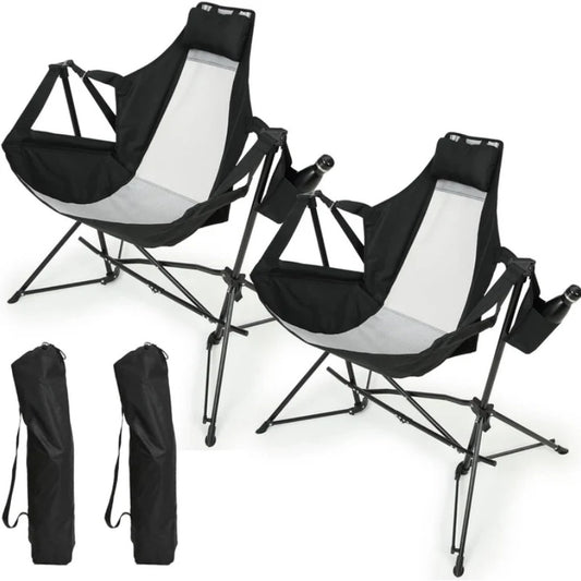 Hammock Camping Chair, Folding Portable Rocking Chair, Aluminum Alloy Adjustable Back Swinging Chair with Pillow Cup Holder, Recliner with Carry Bag for Outdoor Travel Lawn Backyard, Black (2pcs)-海智集-Default-