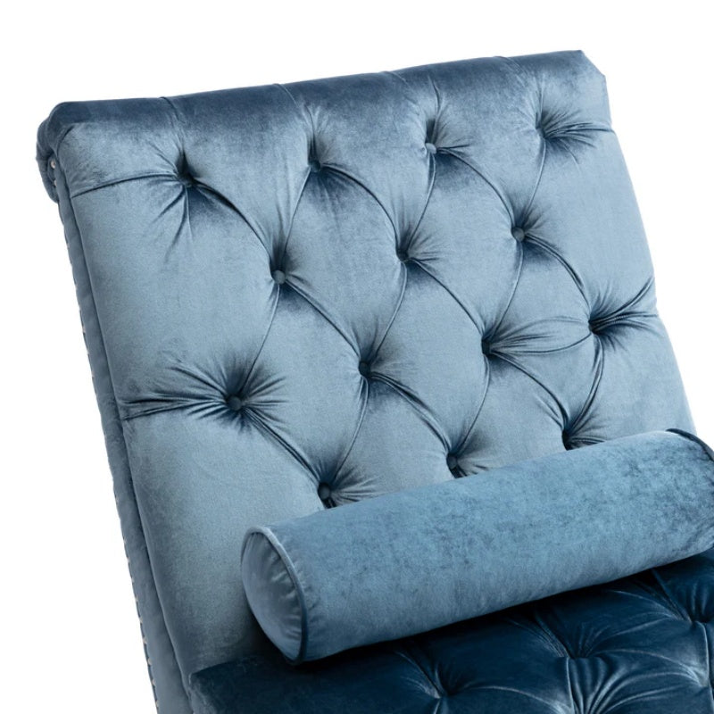 Velvet Chaise Lounge Chair with Pillow, Button-Tufted Upholstered, Light Blue, Solid Wood Frame, Acrylic Legs-海智集-Default-