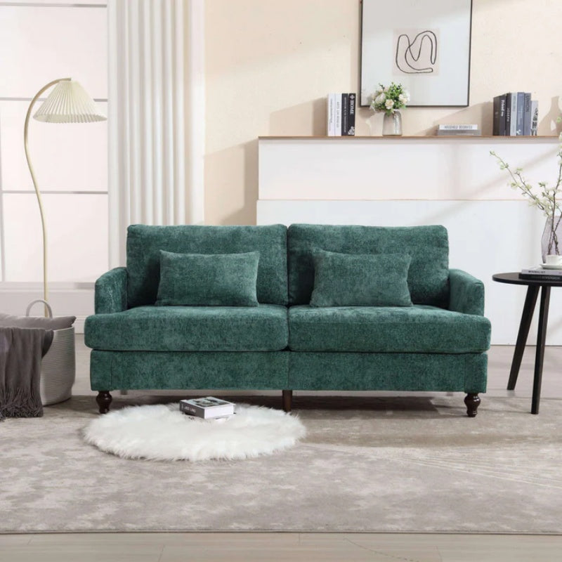 Mid Century Modern Chenille Fabric Loveseat Sofa, 2-Seat Upholstered Couch with Brown Wood Feet, Emerald-海智集-Default-