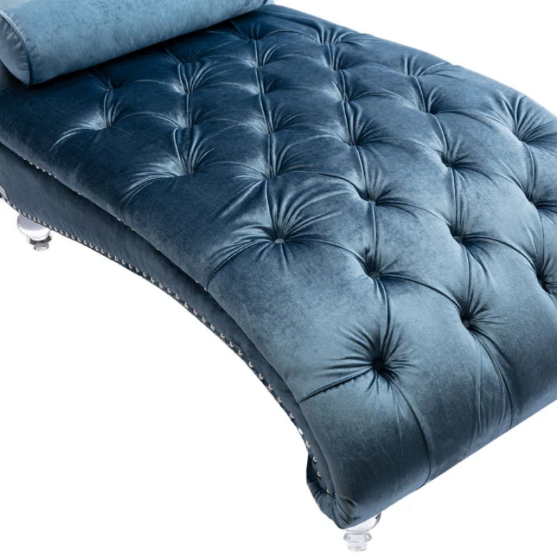 Velvet Chaise Lounge Chair with Pillow, Button-Tufted Upholstered, Light Blue, Solid Wood Frame, Acrylic Legs-海智集-Default-