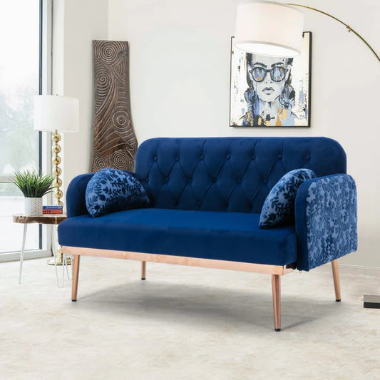 COOLMORE Modern Velvet Loveseat Sofa , Comfy Upholstered 2-Seater Sofa with Gold Metal Legs, Small Loveseat Accent Couch for Living Bedroom Leisure Areas (Navy Velvet)-海智集-Default-