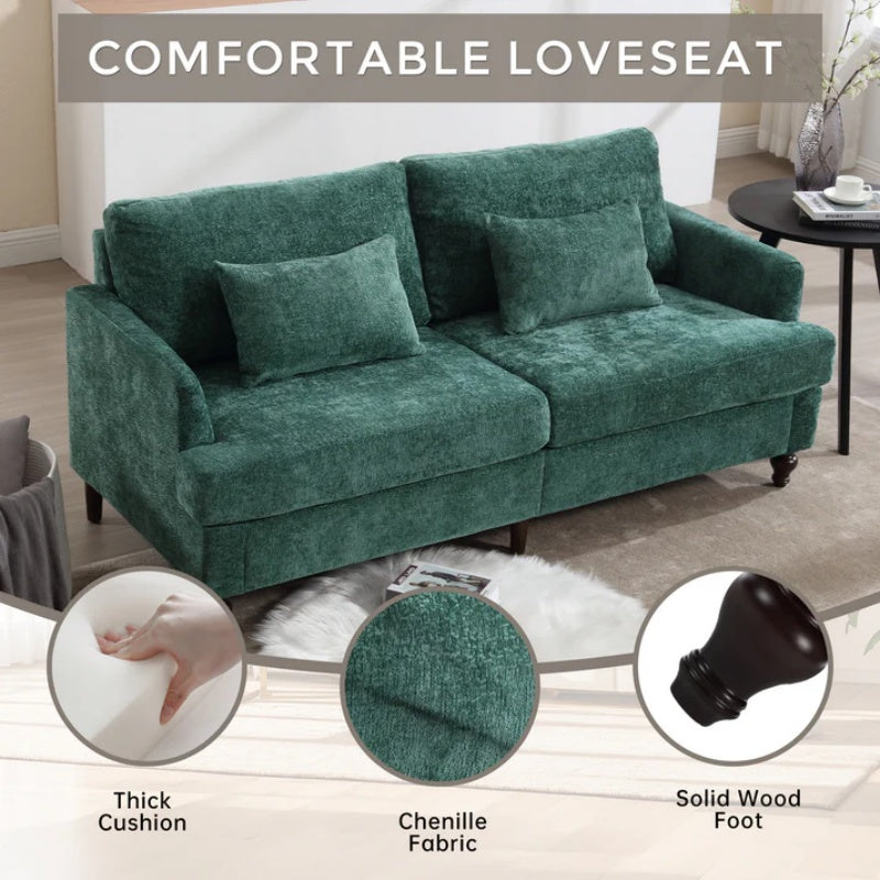 Mid Century Modern Chenille Fabric Loveseat Sofa, 2-Seat Upholstered Couch with Brown Wood Feet, Emerald-海智集-Default-