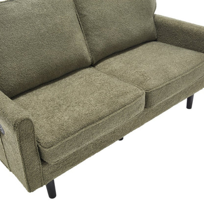 Mid Century Modern Loveseat Sofa with USB Ports, Removable Pillow Cover, Green Boucle Fabric, 56.3 Inches-海智集-Default-