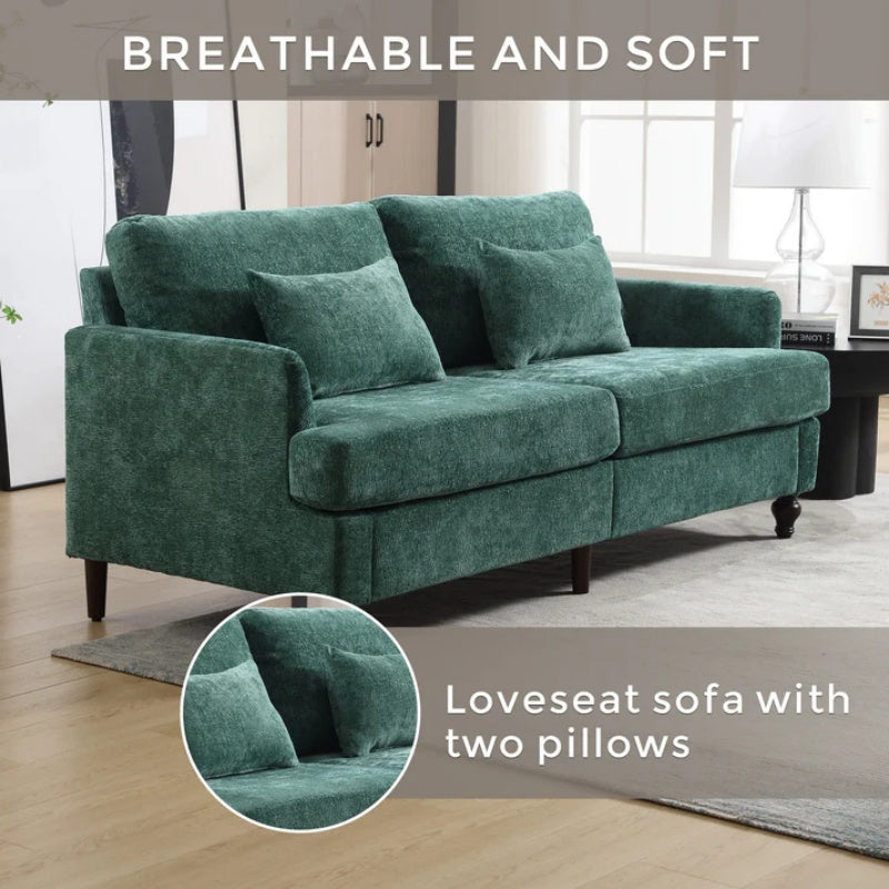 Mid Century Modern Chenille Fabric Loveseat Sofa, 2-Seat Upholstered Couch with Brown Wood Feet, Emerald-海智集-Default-
