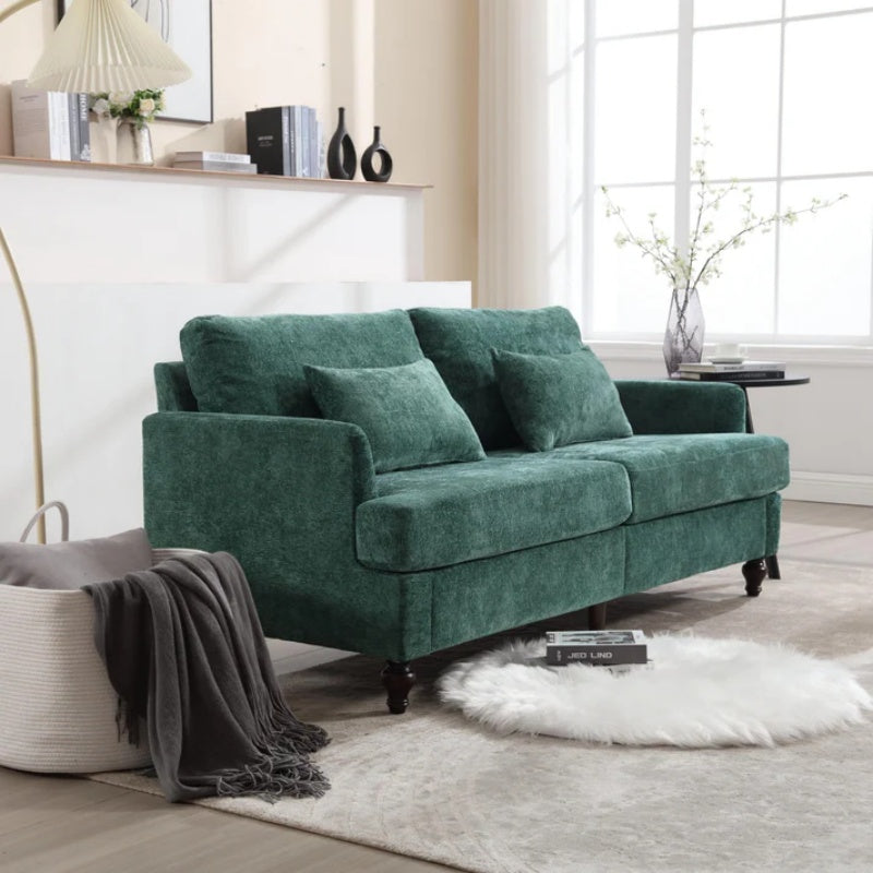 Mid Century Modern Chenille Fabric Loveseat Sofa, 2-Seat Upholstered Couch with Brown Wood Feet, Emerald-海智集-Default-