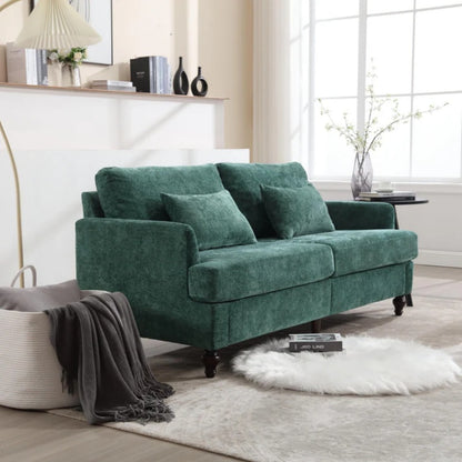Mid Century Modern Chenille Fabric Loveseat Sofa, 2-Seat Upholstered Couch with Brown Wood Feet, Emerald-海智集-Default-