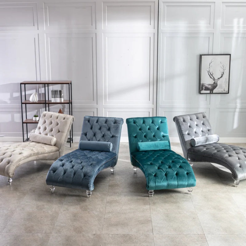 Velvet Chaise Lounge Chair with Pillow, Button-Tufted Upholstered, Light Blue, Solid Wood Frame, Acrylic Legs-海智集-Default-