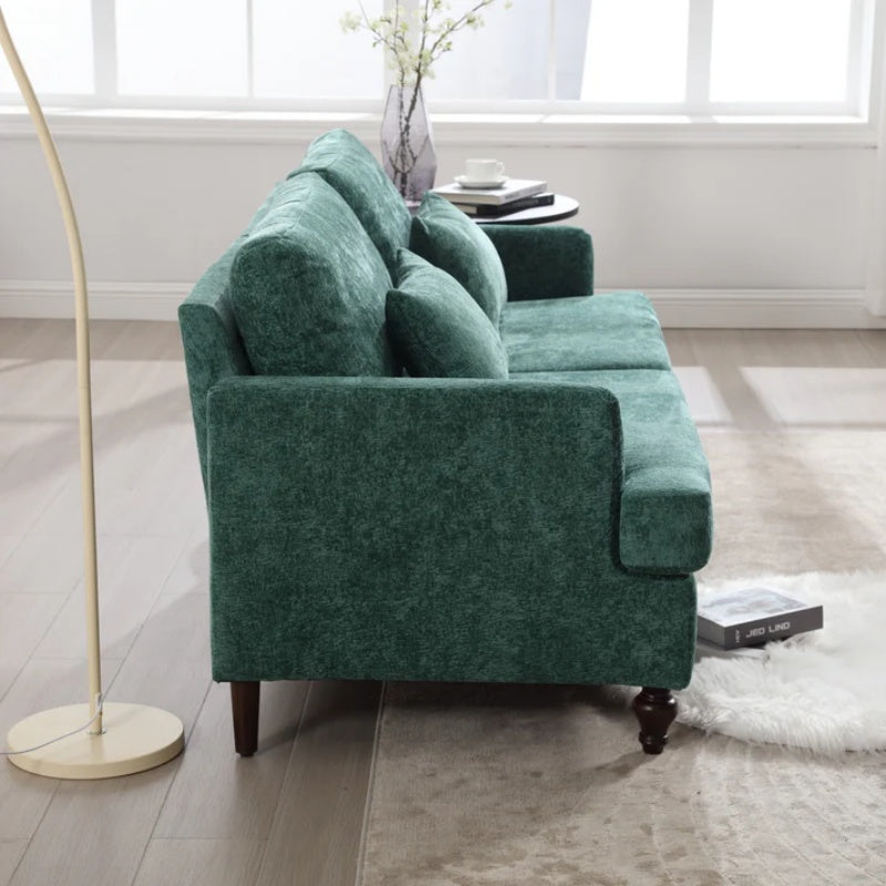 Mid Century Modern Chenille Fabric Loveseat Sofa, 2-Seat Upholstered Couch with Brown Wood Feet, Emerald-海智集-Default-