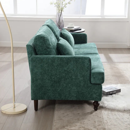 Mid Century Modern Chenille Fabric Loveseat Sofa, 2-Seat Upholstered Couch with Brown Wood Feet, Emerald-海智集-Default-