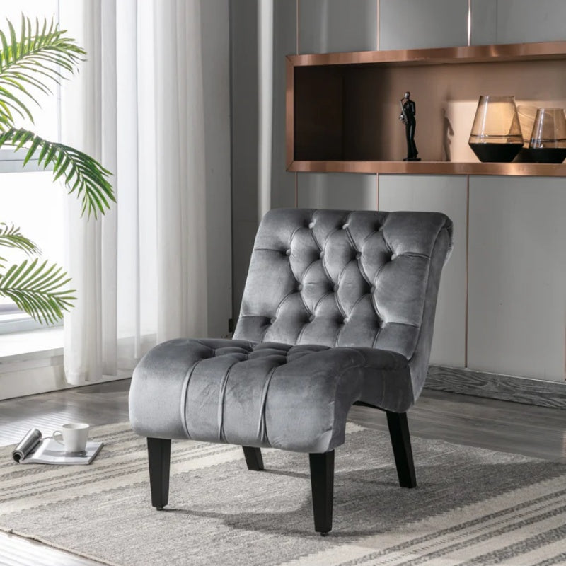 COOLMORE Modern Velvet Armless Accent Living Room Chair / Leisure Chair,Upholstered Fabric Button Comfortable Chair with Wooden Legs for Bedroom, Living Room, Office (Silver Velvet)-海智集-Default-