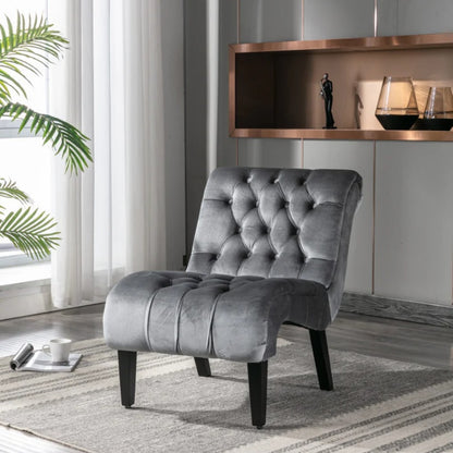COOLMORE Modern Velvet Armless Accent Living Room Chair / Leisure Chair,Upholstered Fabric Button Comfortable Chair with Wooden Legs for Bedroom, Living Room, Office (Silver Velvet)-海智集-Default-